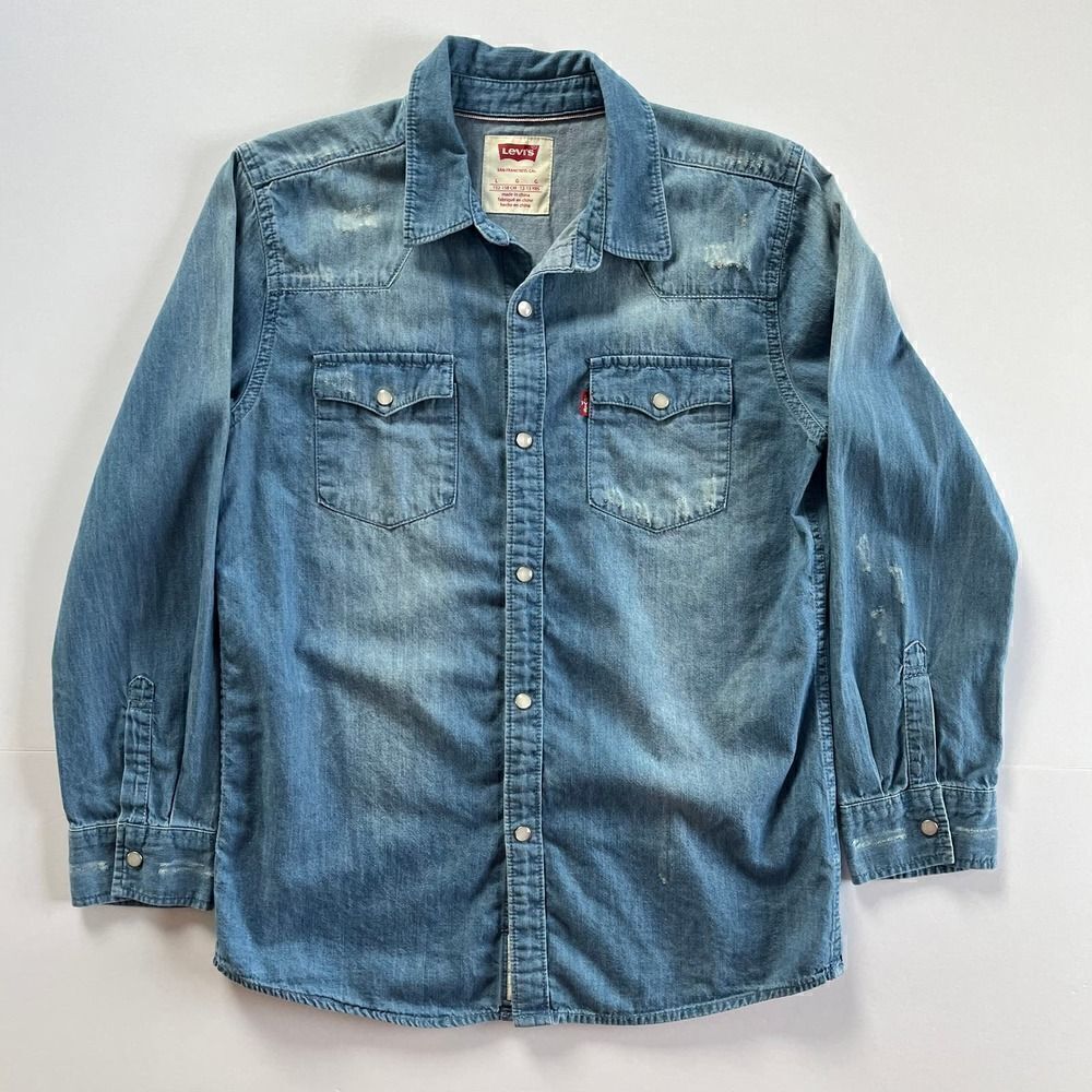 Levi's Barstow Western Pearl Snap Distressed Button Down, Girls Size Large 12-13